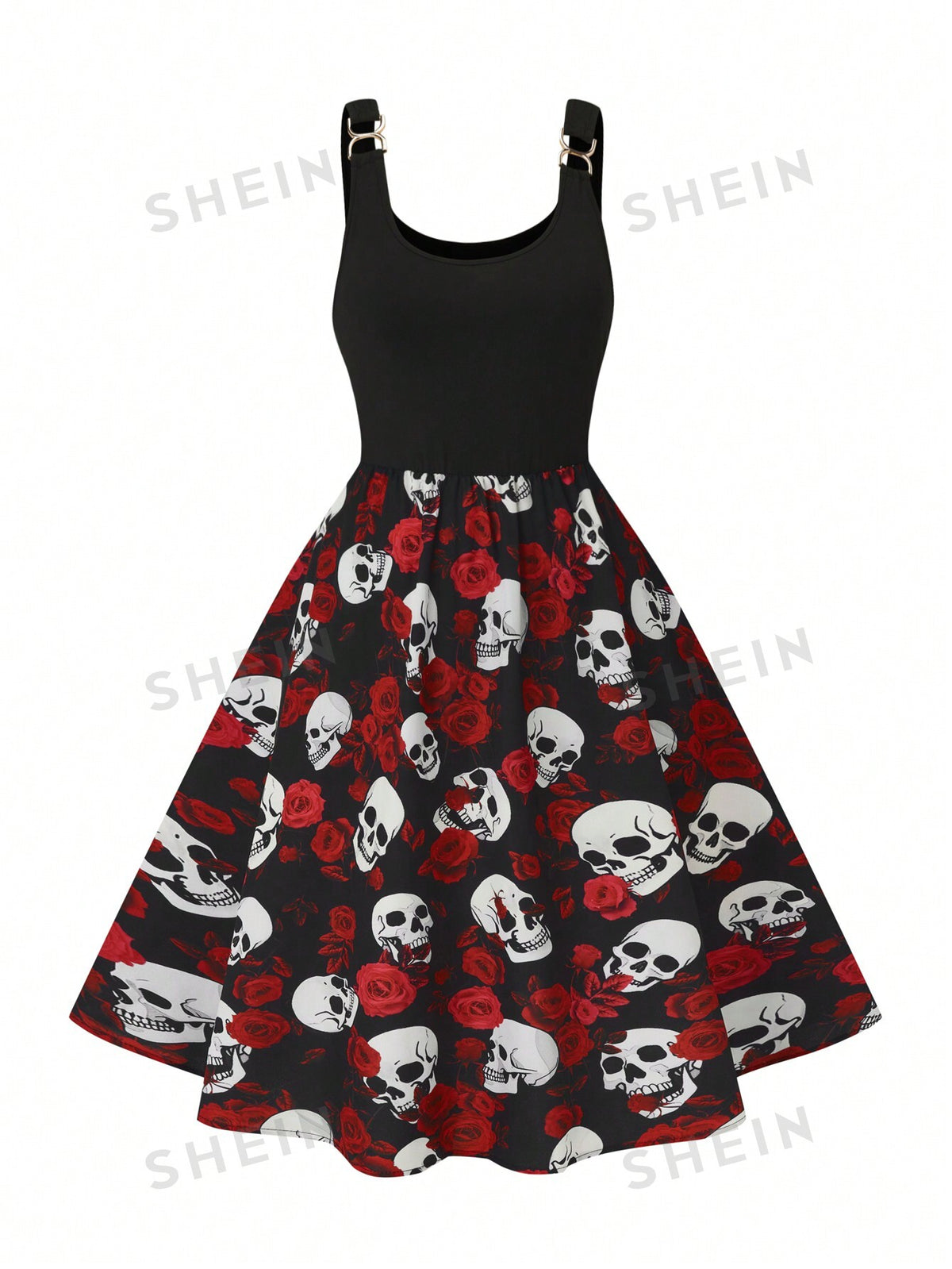 Clasi Plus Size Skull & Floral Print Round Neck Sleeveless Halloween Dress