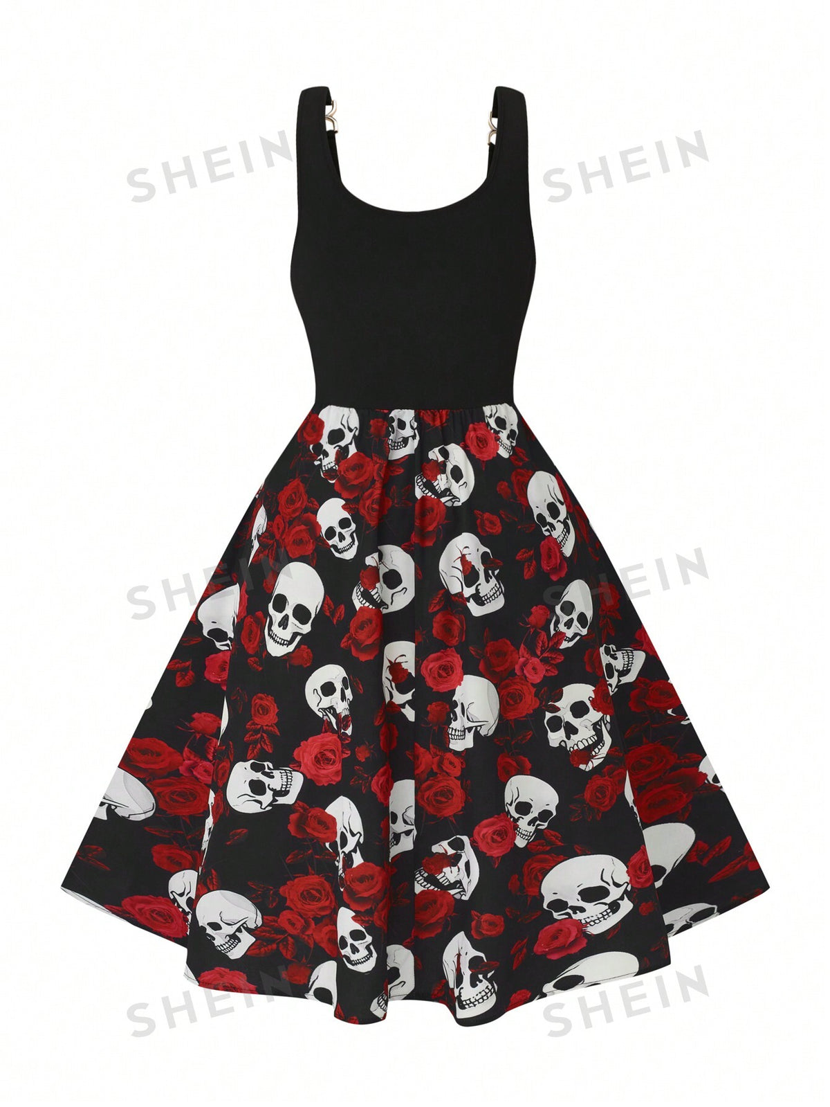 Clasi Plus Size Skull & Floral Print Round Neck Sleeveless Halloween Dress