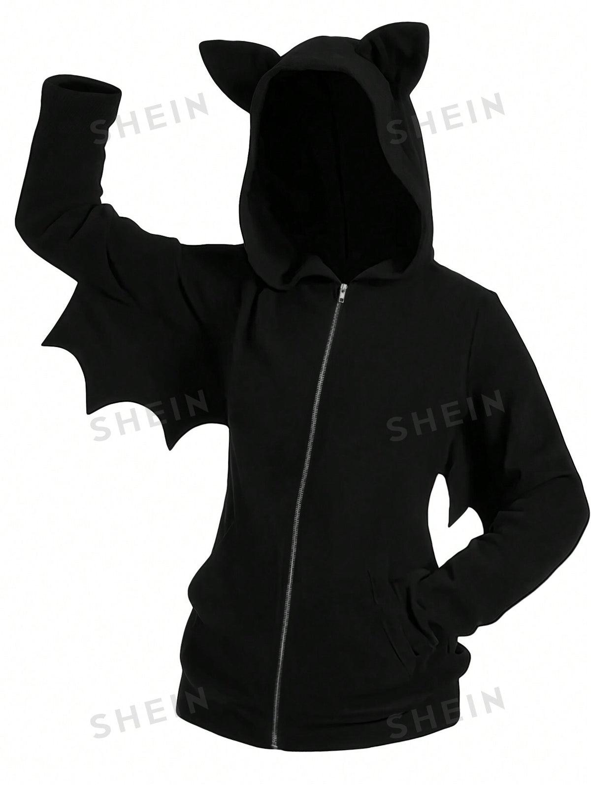 LUNE Plus Size Hooded Zip Up Long Sleeve Bat Shaped Design Fashionable Jacket