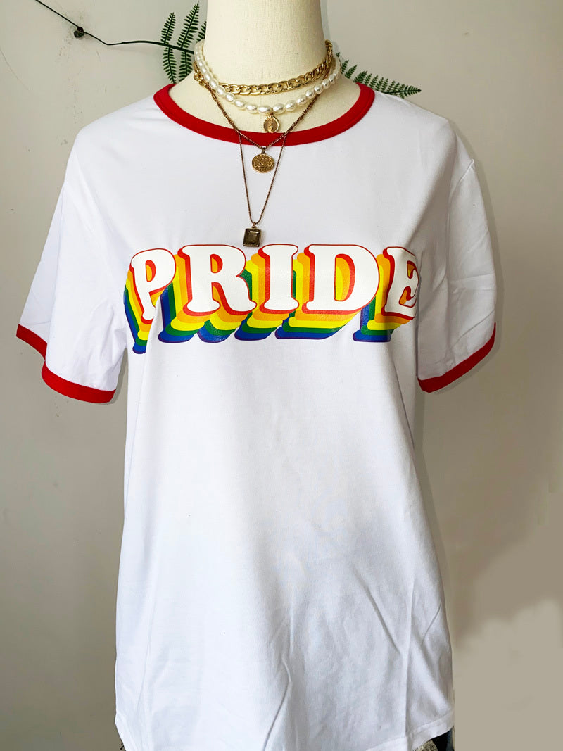 PRIDE Rainbow Block Letters Red Trim Casual Round Neck Short Sleeved Graphic Print Tee Shirts