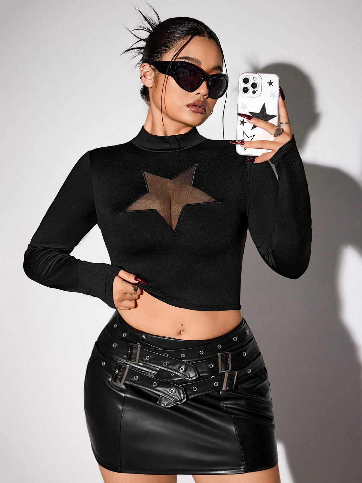 ICON Y2k Fall Women Outfits Basic T Shirt Women T Shirt  Curve Tops Ladies Stand Collar Star Mesh Patchwork Long Sleeve Tight Fit T-Shirt