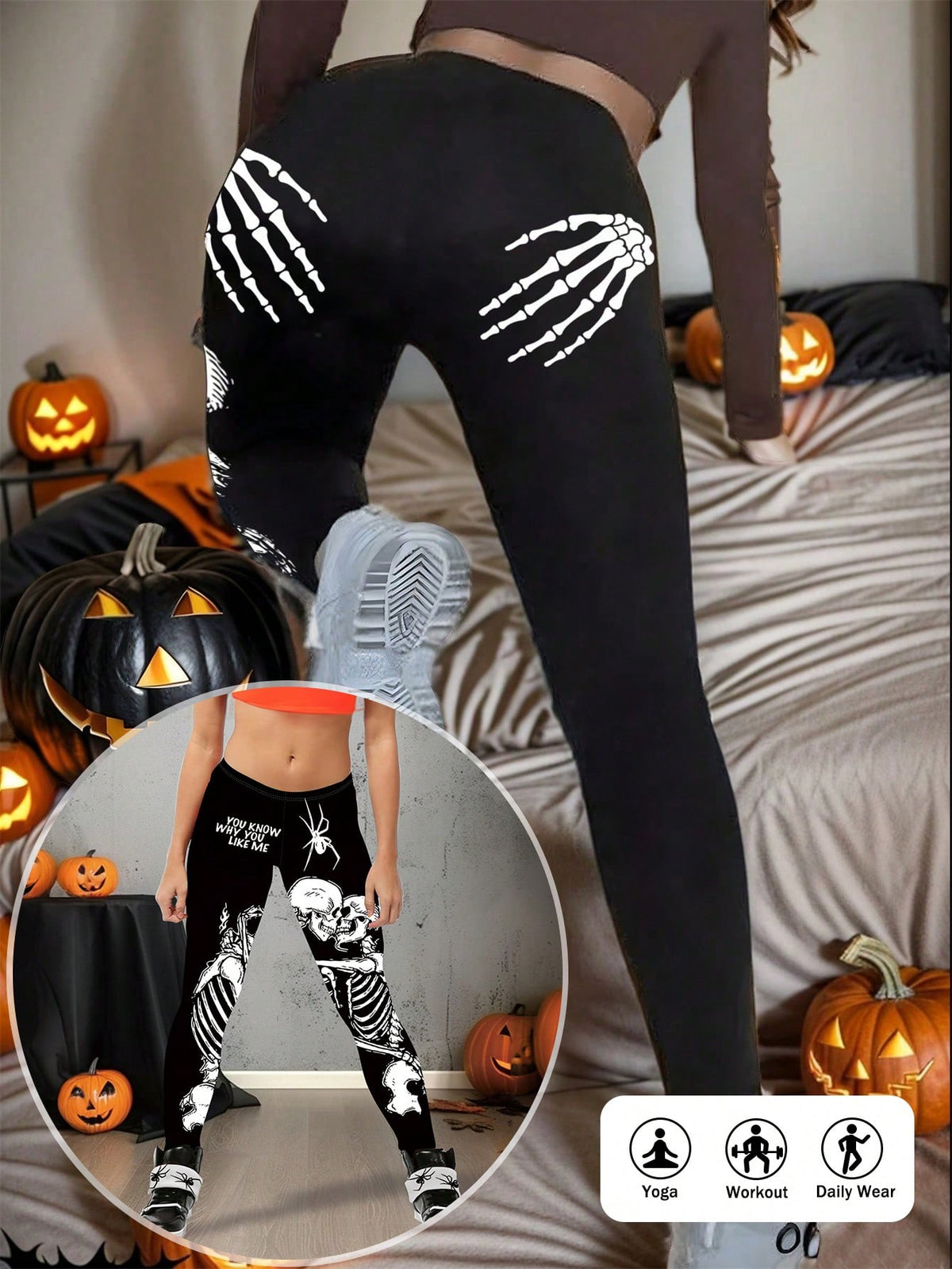 LUNE Skeleton Slogan Print Plus Size Sports Leggings For Halloween