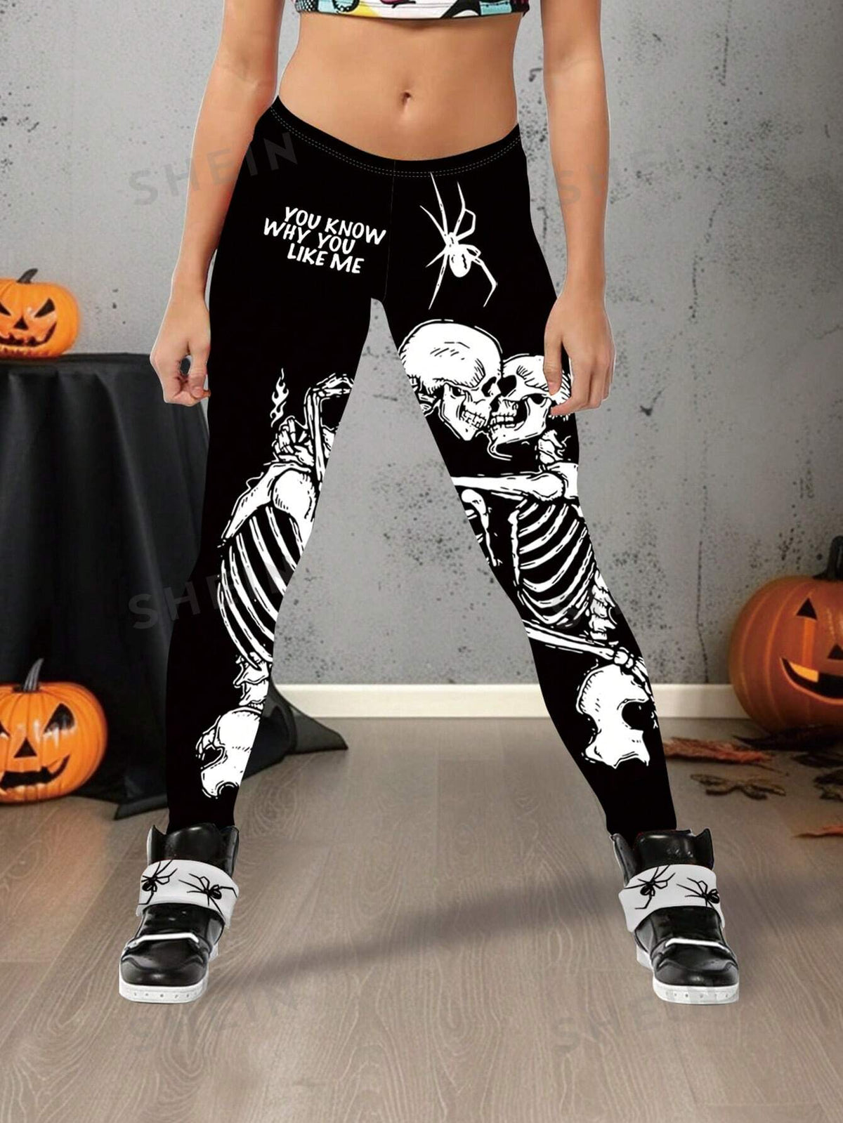 LUNE Skeleton Slogan Print Plus Size Sports Leggings For Halloween