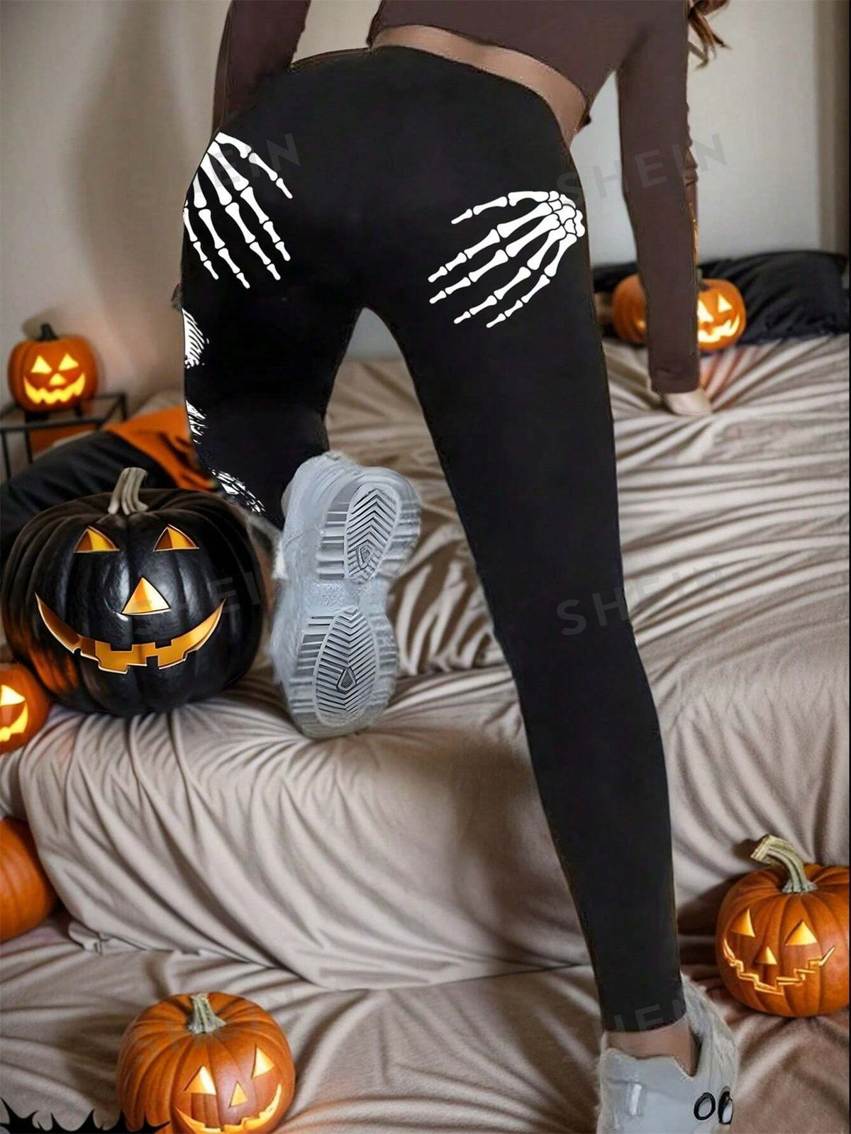 LUNE Skeleton Slogan Print Plus Size Sports Leggings For Halloween