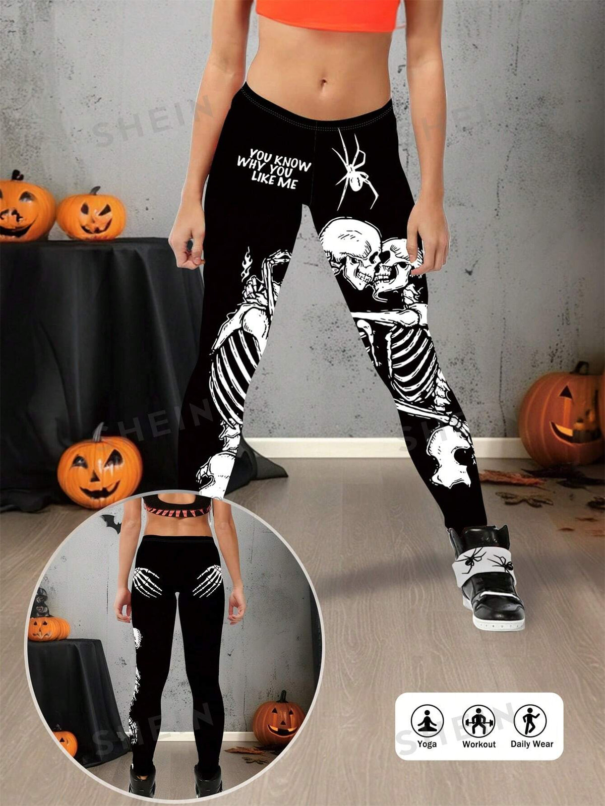 LUNE Skeleton Slogan Print Plus Size Sports Leggings For Halloween