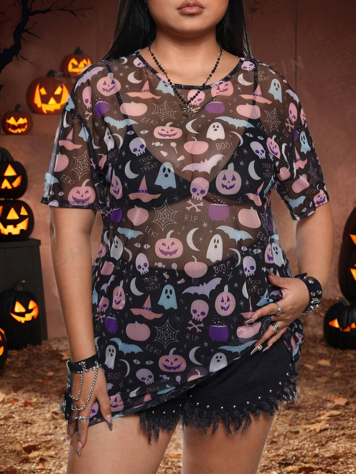 Caroline Law Artist Plus Size Women Halloween Themed Print Dress