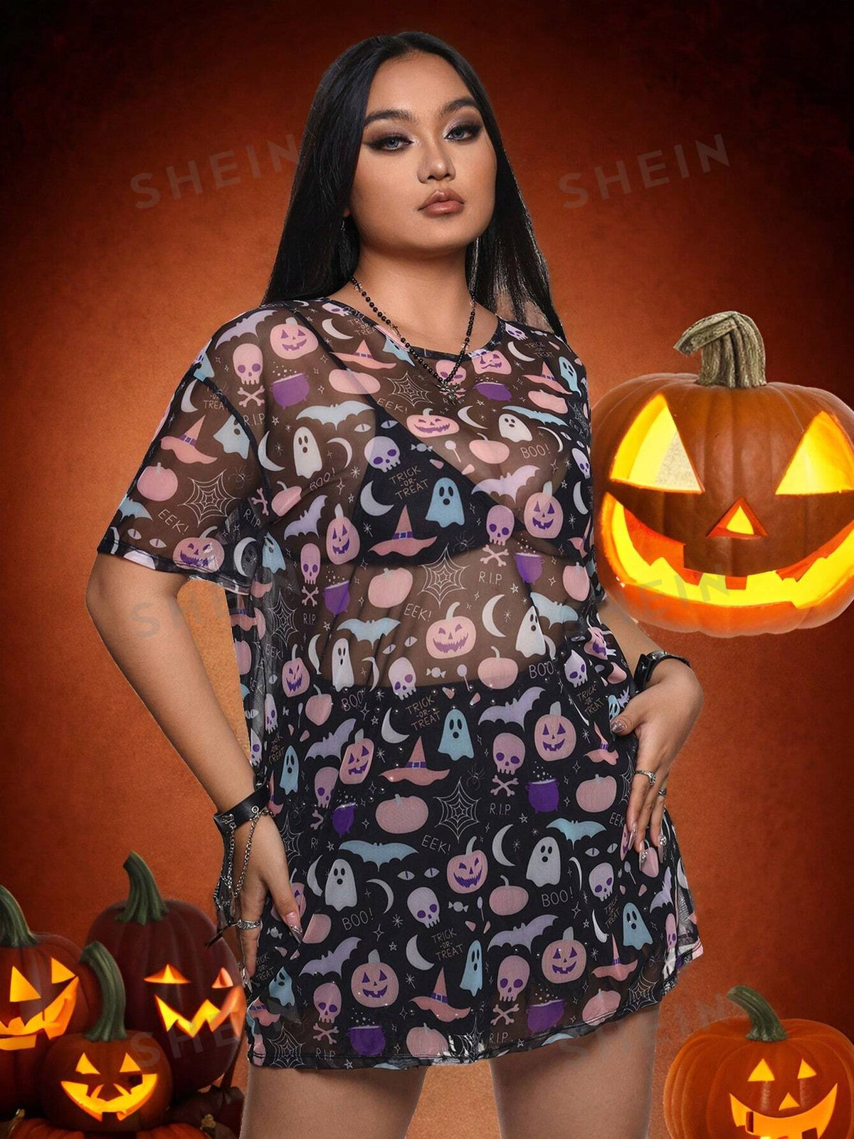 Caroline Law Artist Plus Size Women Halloween Themed Print Dress