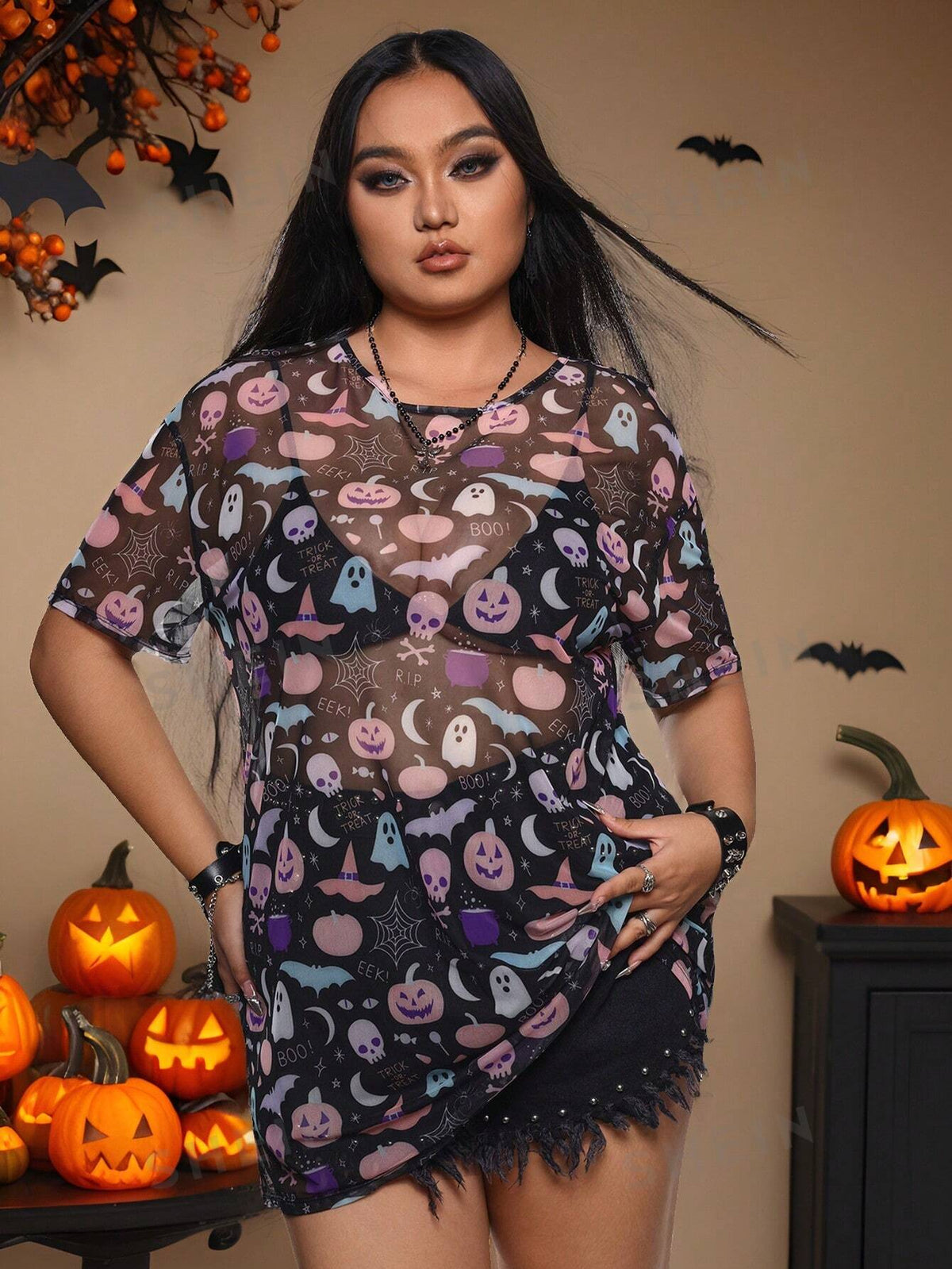 Caroline Law Artist Plus Size Women Halloween Themed Print Dress