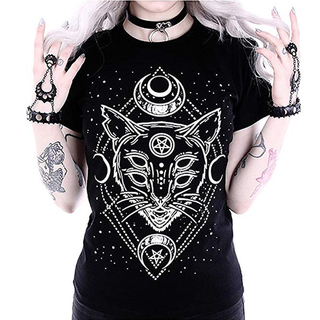 Evil Kitty Cat Witchcraft Themed Graphic Print Baby Doll Slim Fit Tee