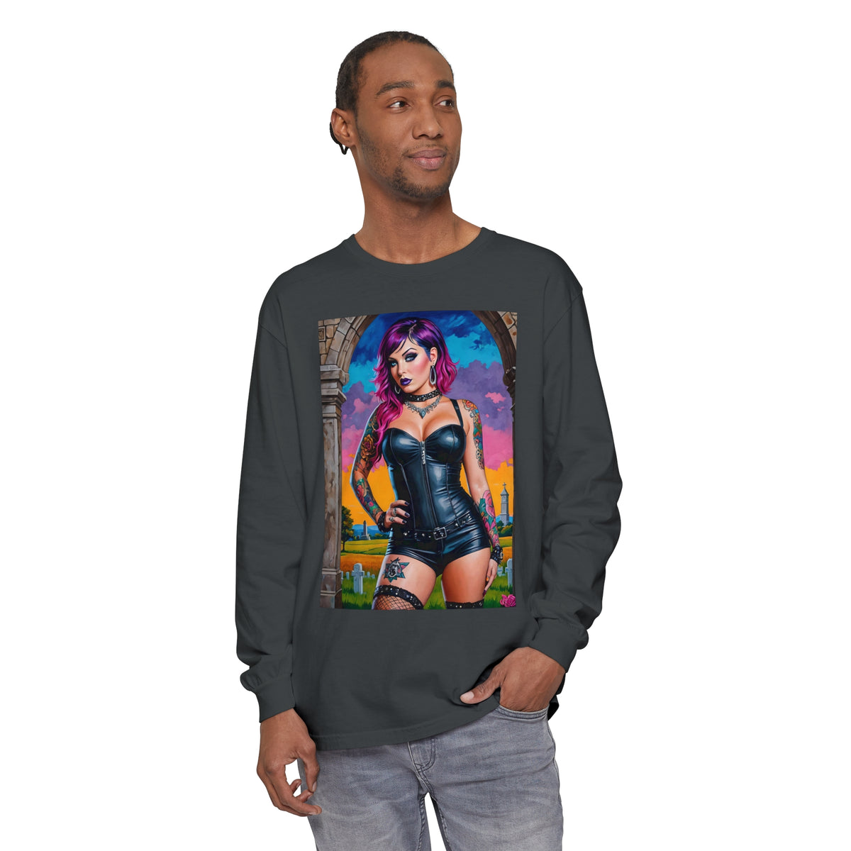 Goth Graveyard Girl Series - Design Three - Unisex Garment-dyed Long Sleeve T-Shirt