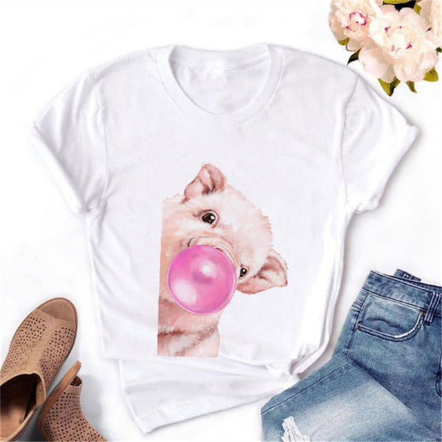 Barn Animals Blowing Bubble Gum Cute Graphic Print Short Sleeve Tee Shirts