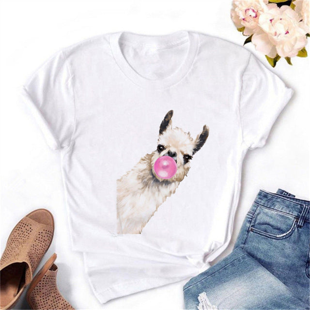 Barn Animals Blowing Bubble Gum Cute Graphic Print Short Sleeve Tee Shirts