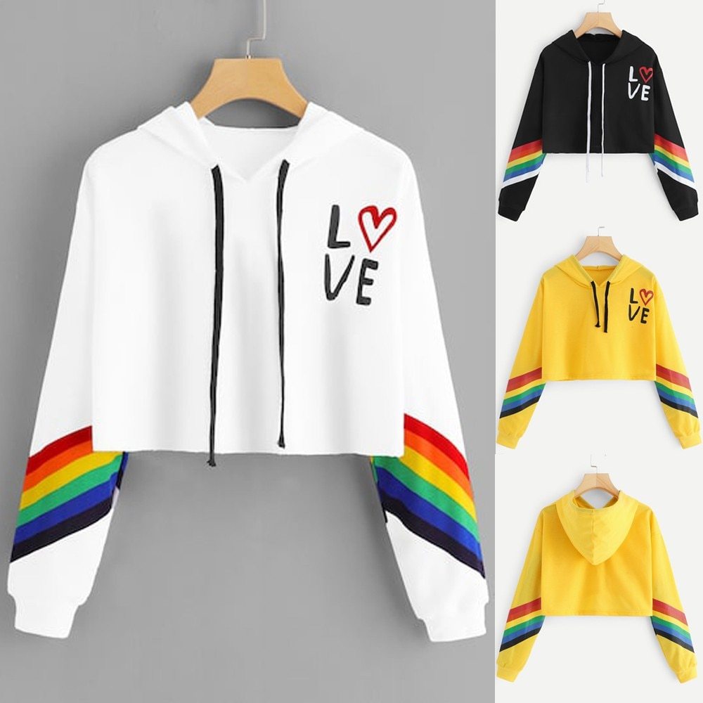 Rainbow Striped Love Pullover Cropped Graphic Print Sweatshirt