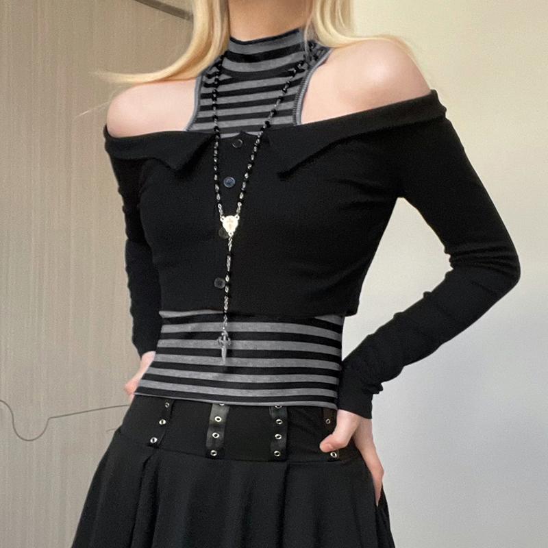 Sexy Spicy Girl Stripe Off Shoulder Retro Vintage Irregular Pleated Skirt Mini Dress