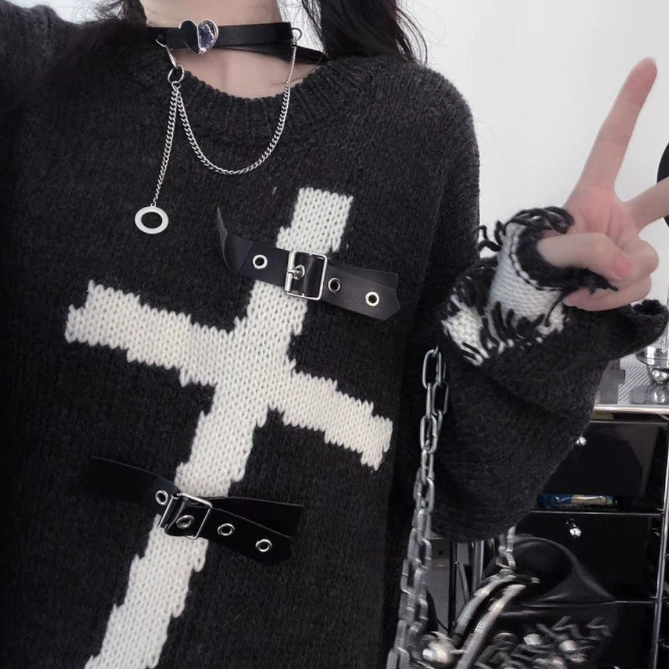 Asian Culture Punk Dark Cross Loose Sweater