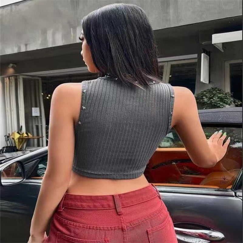 Retro Sweater Vest Style Star Cut Out Ribbed Sexy Crop Top For Women