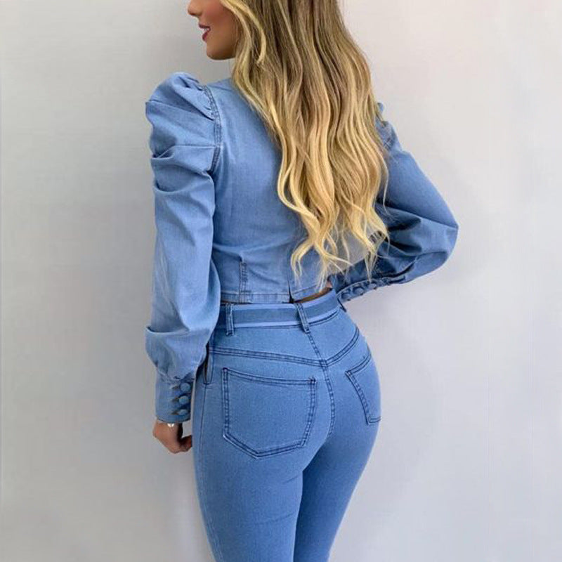 Women's Denim Long Sleeve Solid Color Short Puff Shoulder Long Sleeve Shirt