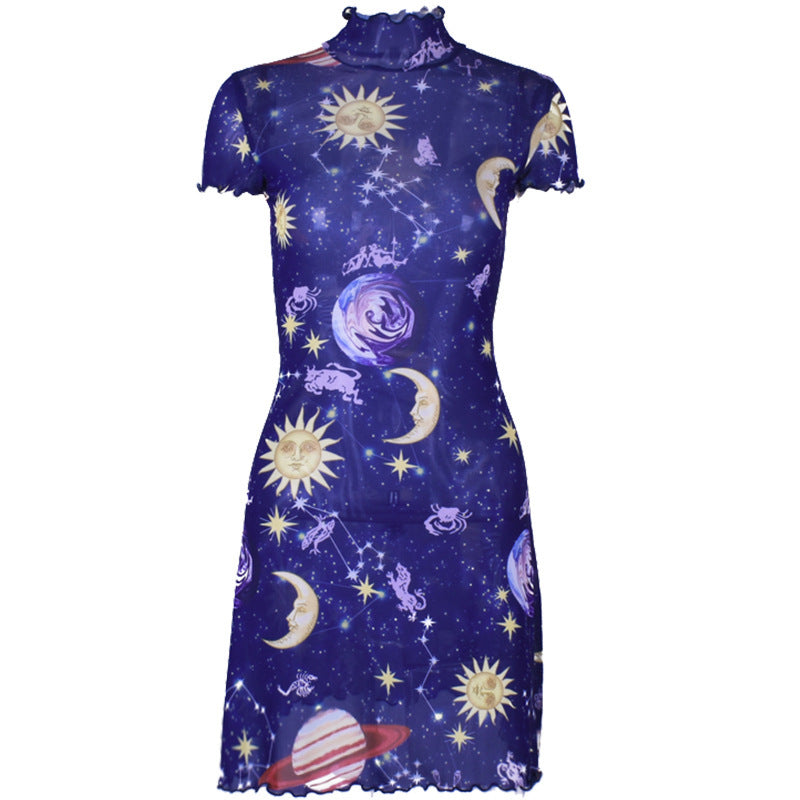 Wild Galaxy Star Print Sheer Dress Mesh Women's Festival Fashion Mini Dress