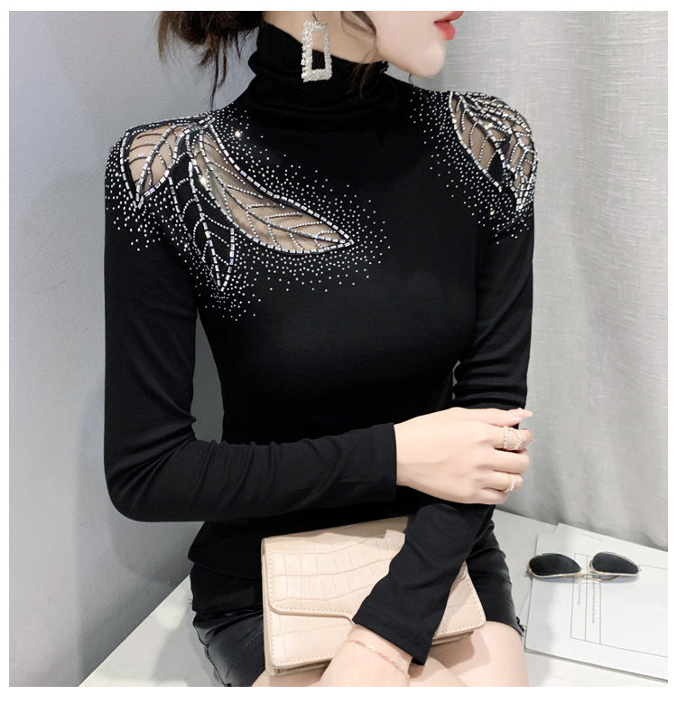 Winter New High Neck Hollow Rhinestone Long-sleeved T-shirt Fleece-lined Keep Warm Inner Match Bottoming Shirt Top