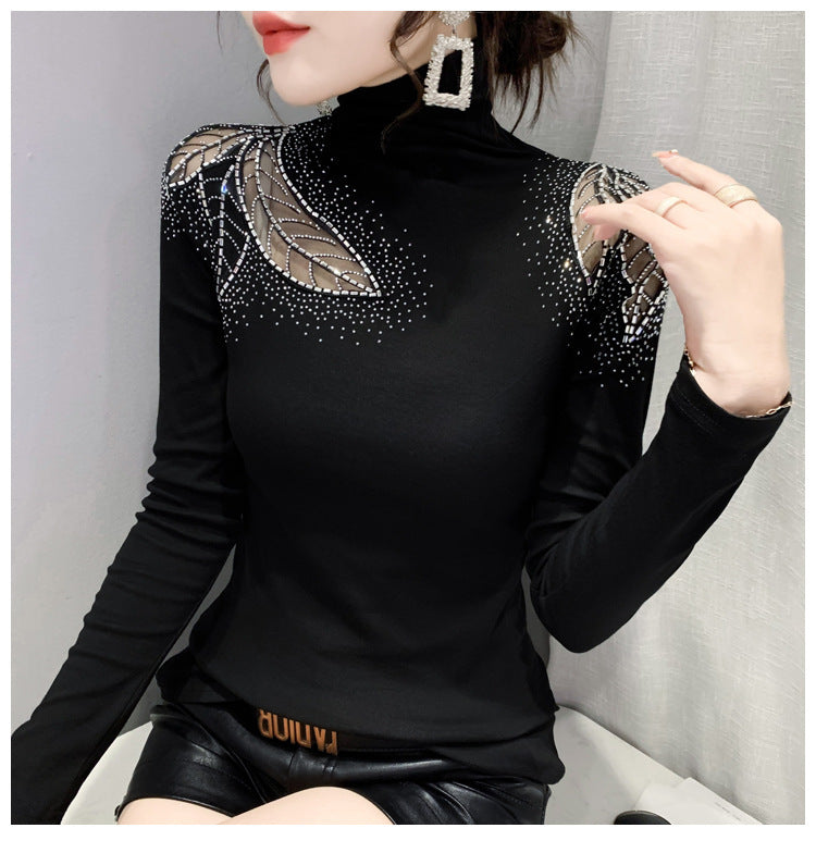 Winter New High Neck Hollow Rhinestone Long-sleeved T-shirt Fleece-lined Keep Warm Inner Match Bottoming Shirt Top