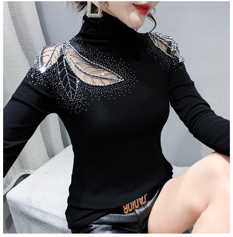 Winter New High Neck Hollow Rhinestone Long-sleeved T-shirt Fleece-lined Keep Warm Inner Match Bottoming Shirt Top