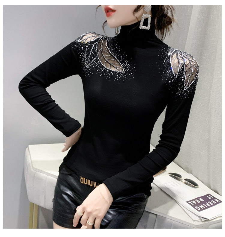 Winter New High Neck Hollow Rhinestone Long-sleeved T-shirt Fleece-lined Keep Warm Inner Match Bottoming Shirt Top