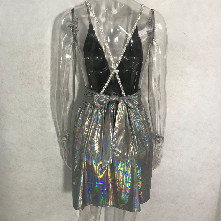 Sexy Metallic Deep V Neck Criss Cross Strap Back Festival Fashion Mini Dress