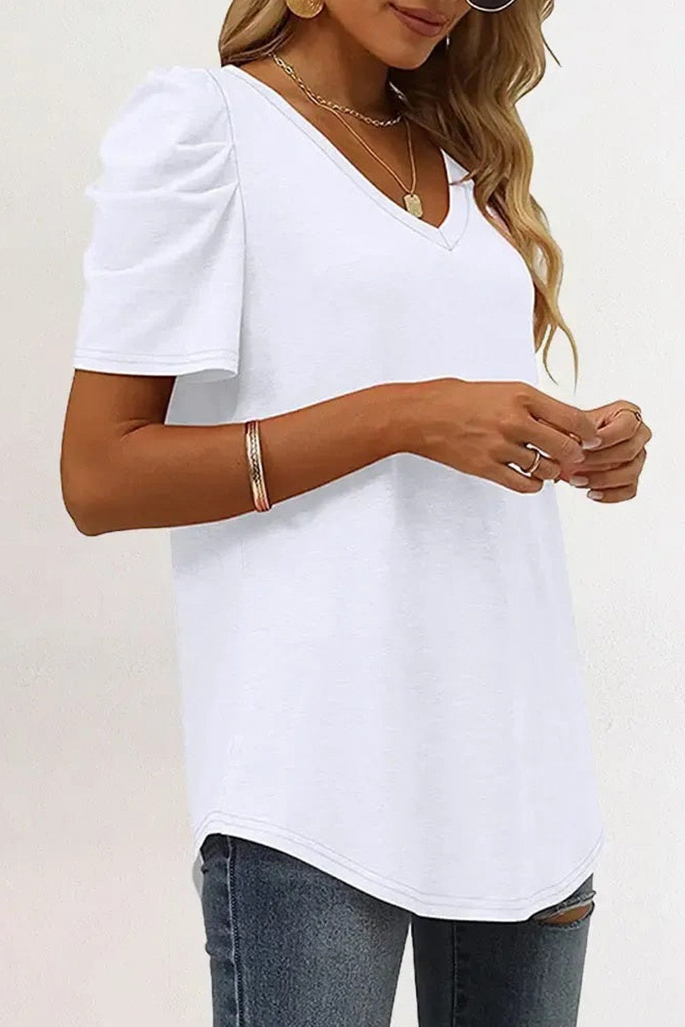 Rose Puff Sleeve V-Neck T-Shirt