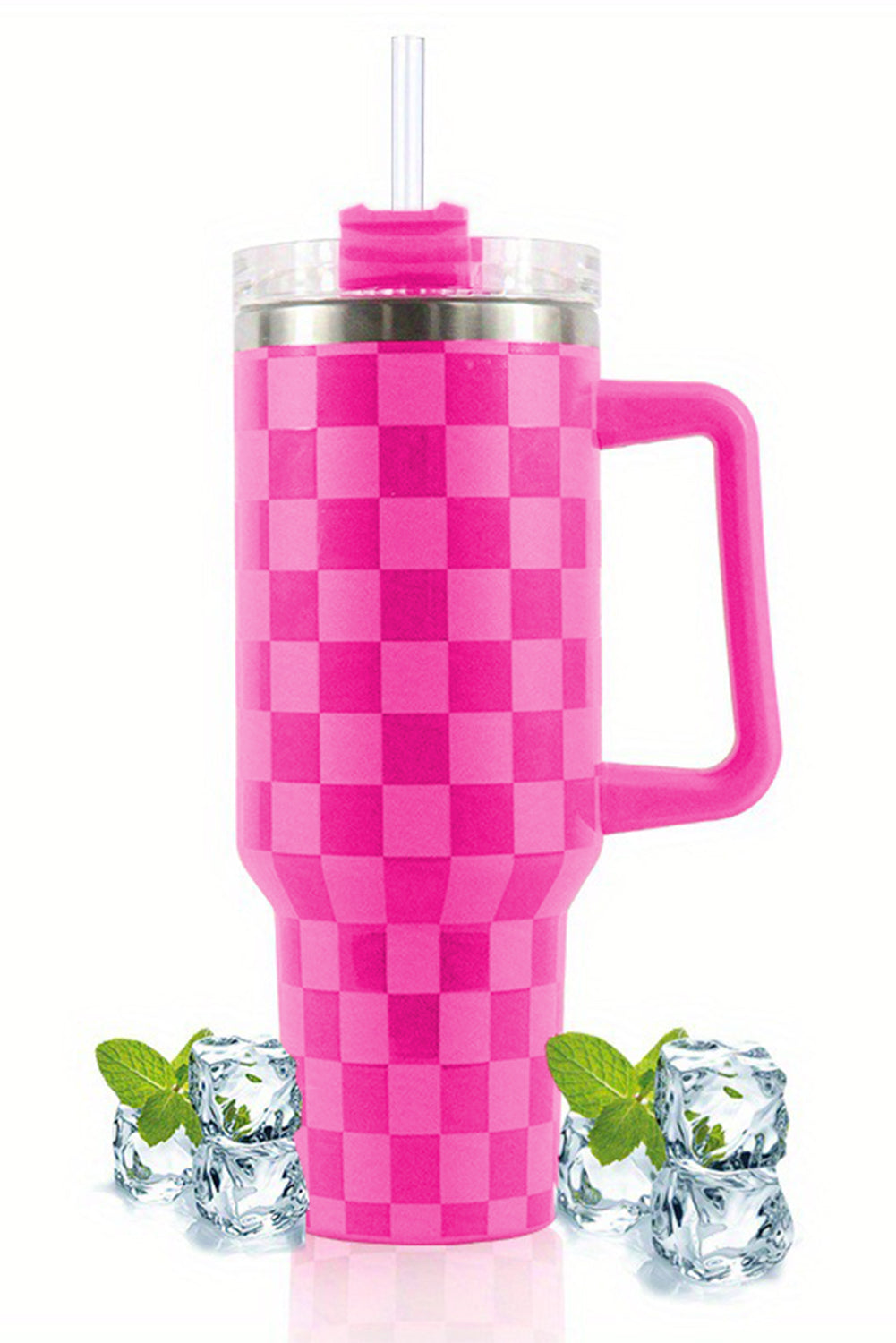 Black Pink Checkered Print Handled Stainless Steel Tumbler Cup