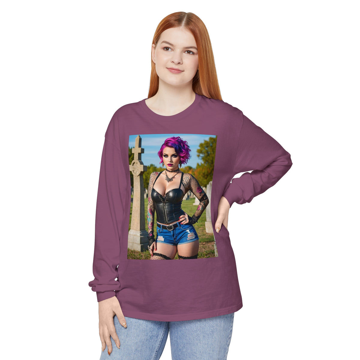 Goth Graveyard Girl - Design Fourteen- Unisex Garment-dyed Long Sleeve T-Shirt