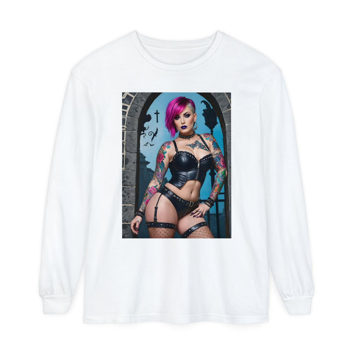 Goth Graveyard Girl Series - Design Six - Unisex Garment-dyed Long Sleeve T-Shirt