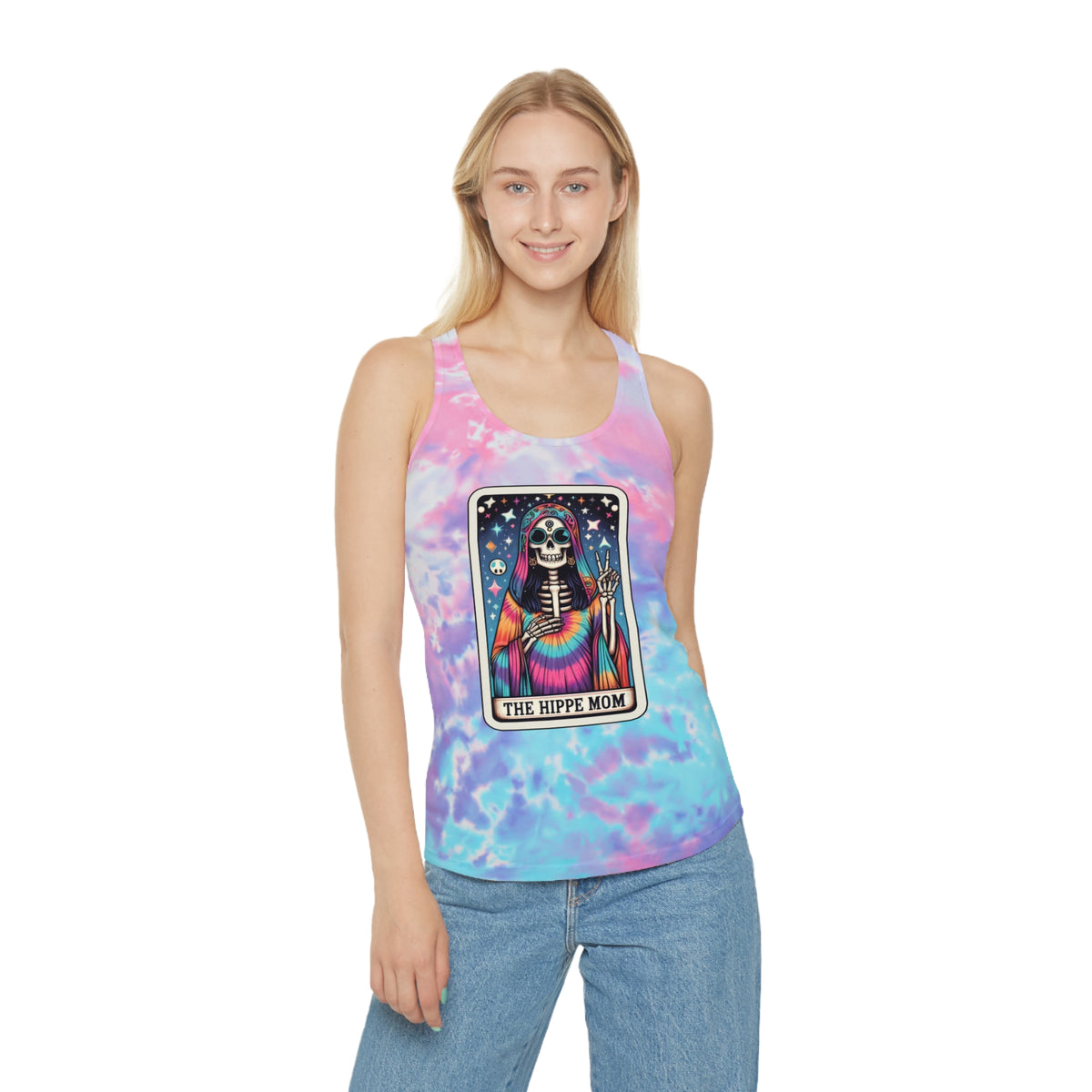 The Hippie Mom - Funny Skeleton Tarot Card Print - Tie Dye Racerback Tank Top