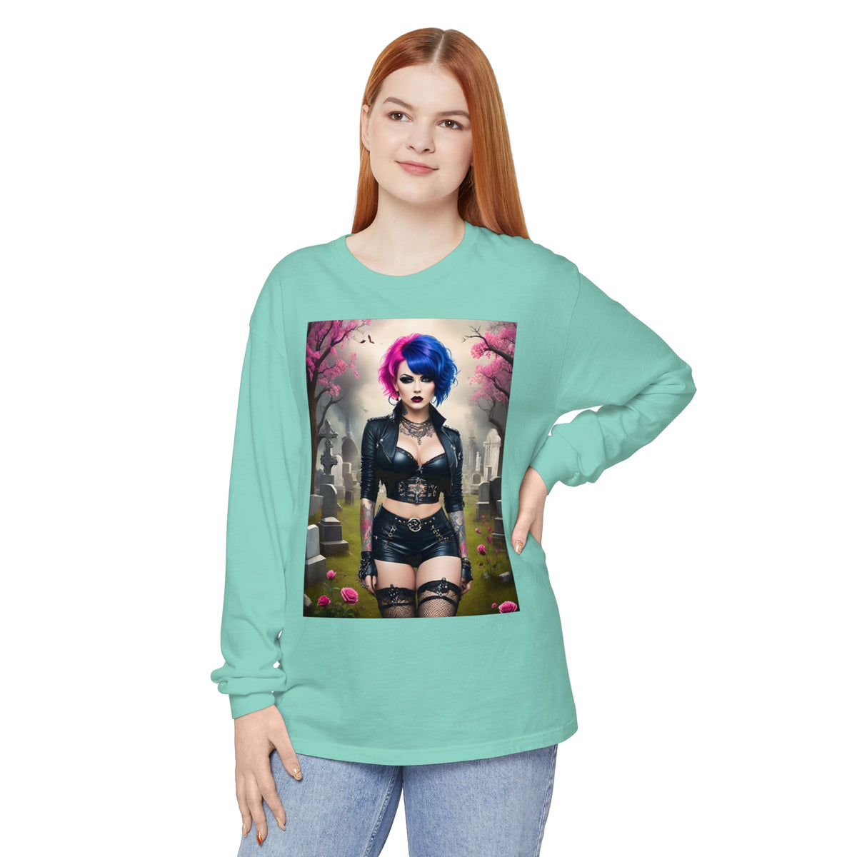 Goth Graveyard Girl Series - Design Thirteen - Unisex Garment-dyed Long Sleeve T-Shirt