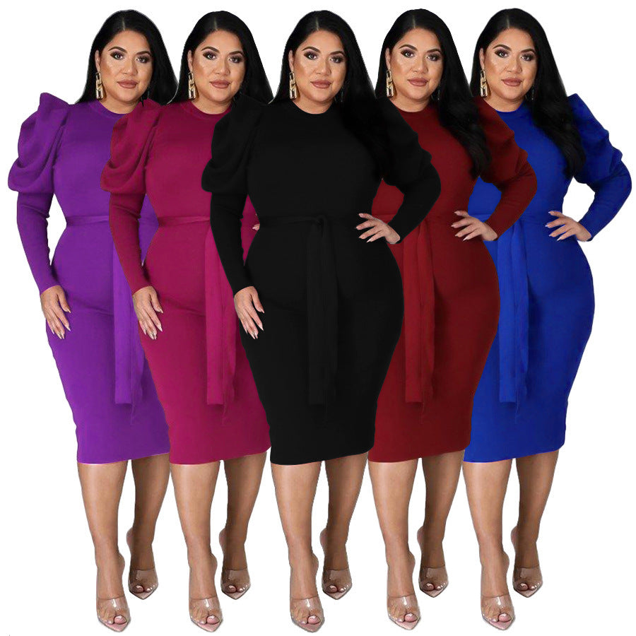 Women's Slim Fit Plus Size Puff Sleeve Tie Waist Midi Length Bodycon Dress