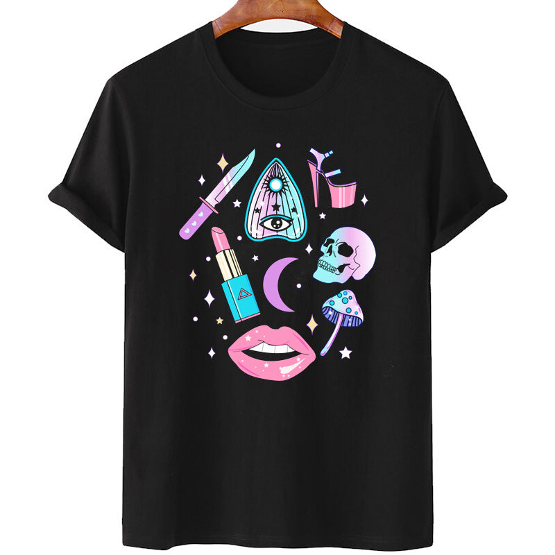 Pastel Goth Witchy Makeup Round Neck Short Sleeved Graphic Print Tee Shirt