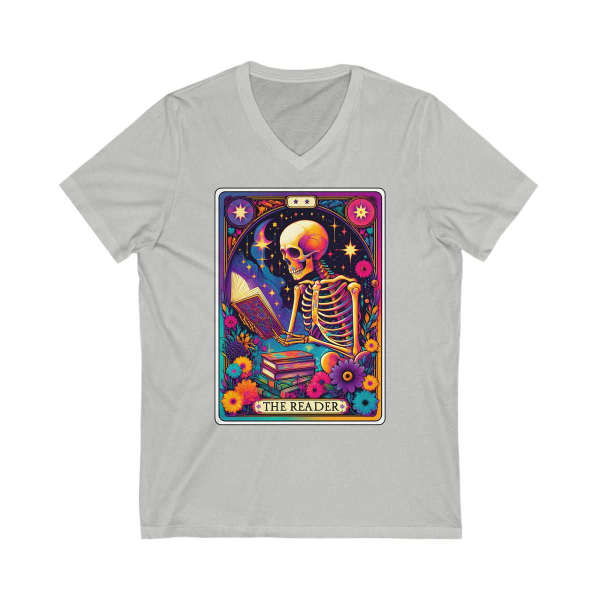 The Reader Funny Skeleton Tarot Card Unisex Jersey Short Sleeve V-Neck Tee