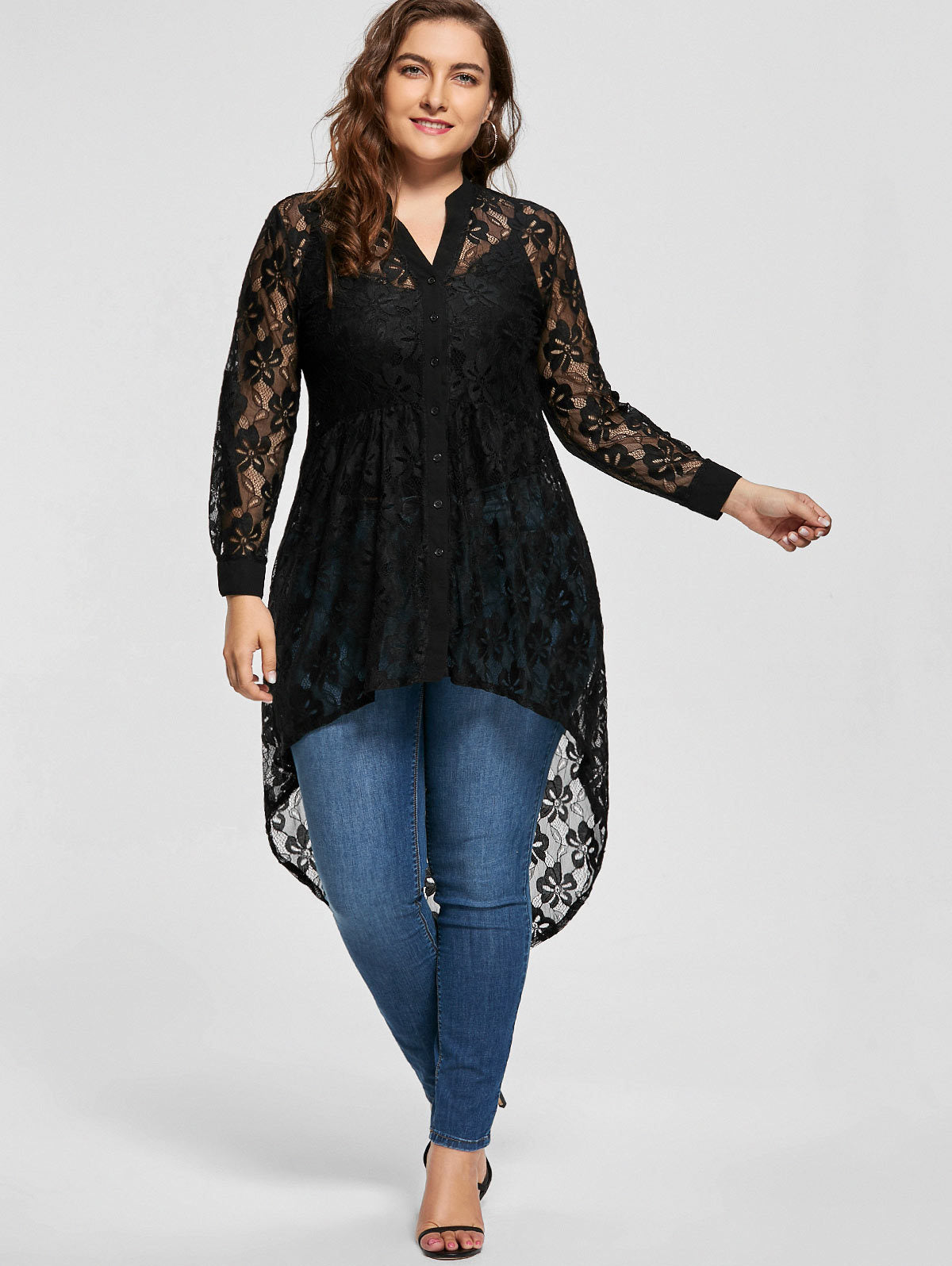 Long Sleeve Button Down Lace High Low Irregular Length Plus Size Blouse