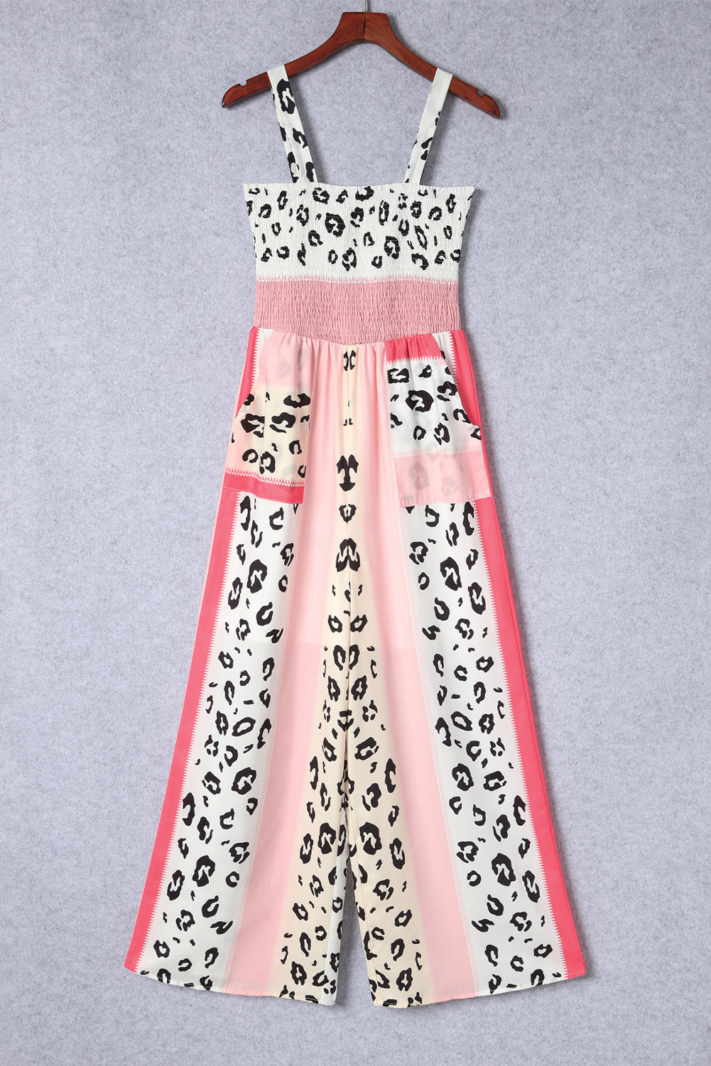 Pink Leopard Color Block Patchwork Strap Jumpsuit