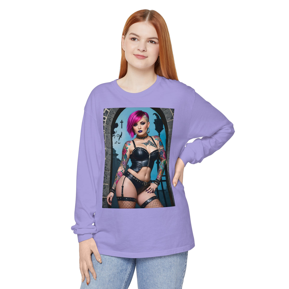 Goth Graveyard Girl Series - Design Six - Unisex Garment-dyed Long Sleeve T-Shirt