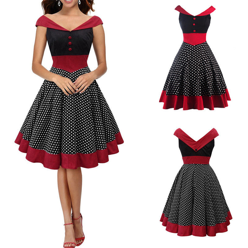 Hepburn Style Cap Sleeve Polka Dot Red Trim Dress