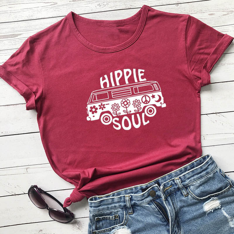 Hippie Soul Casual Round Neck Short Sleeved Graphic Print Tee Shirt