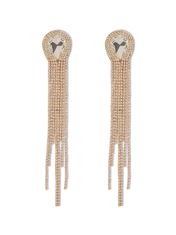 Geometric Large Rhinestone Tasseled Drop Earrings