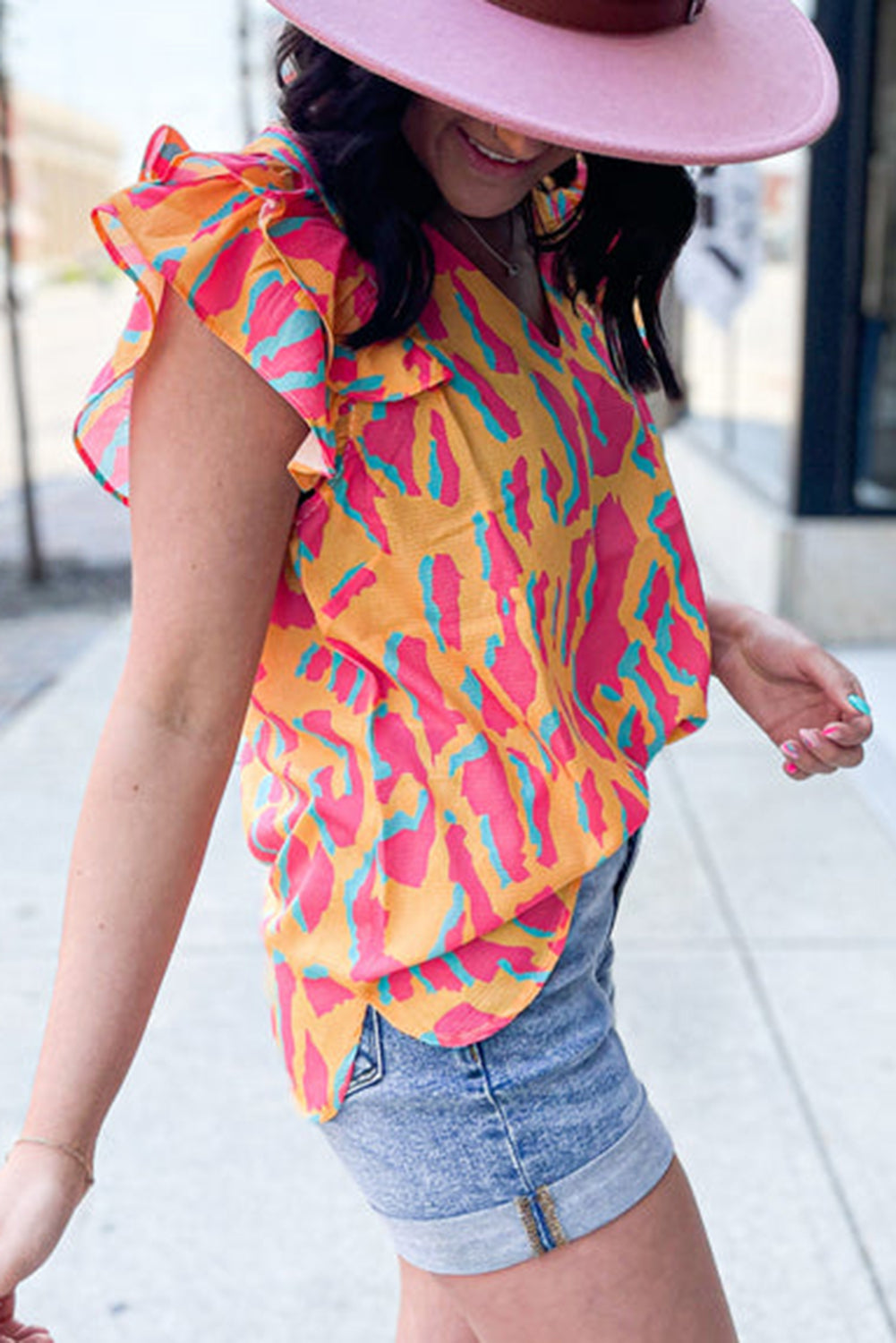 Orange Colorblock Abstract Print V Neck Ruffled Sleeve Blouse