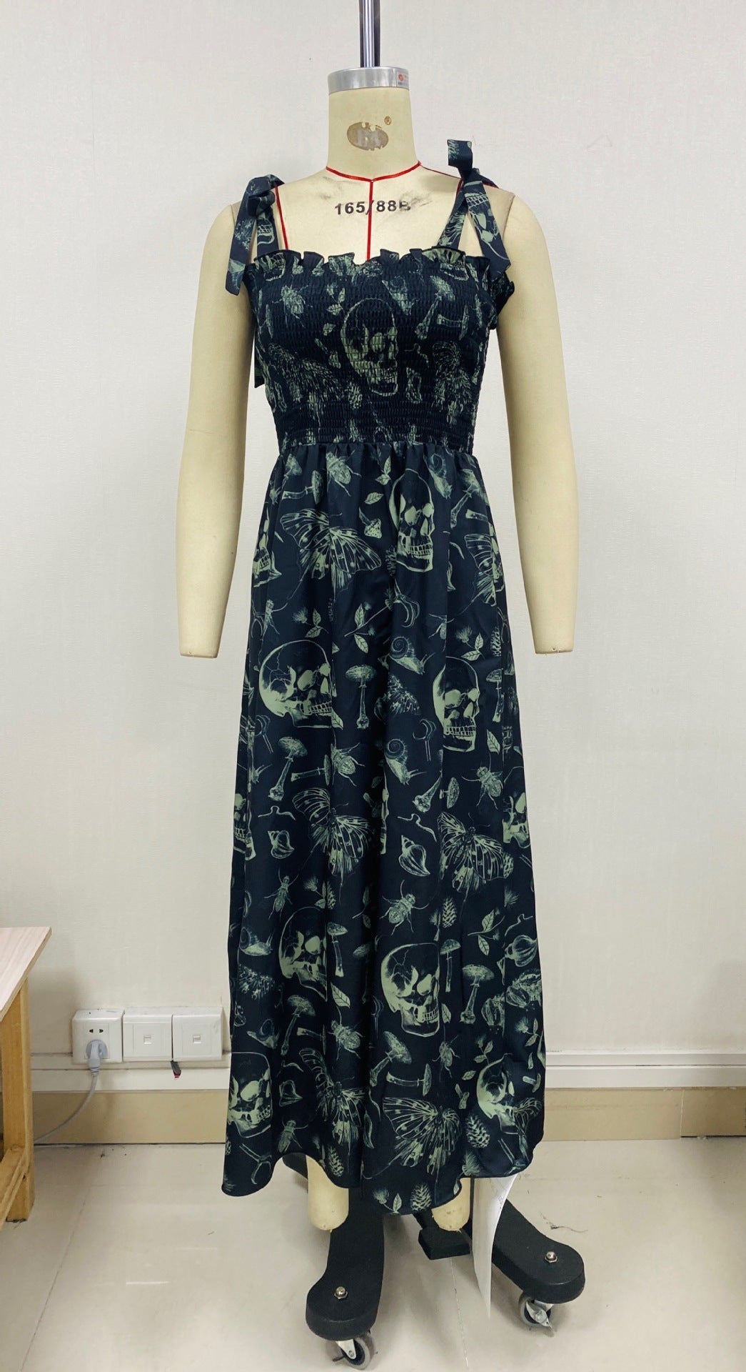 Witchcraft Skulls n Shrooms Boho Goth Tied Strap Rouched Maxi Dress