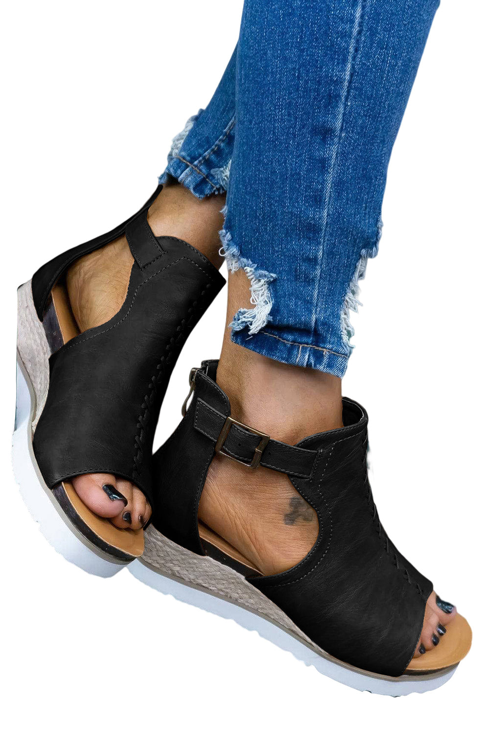 Black PU Cutout Buckle Strap Platform Sandals