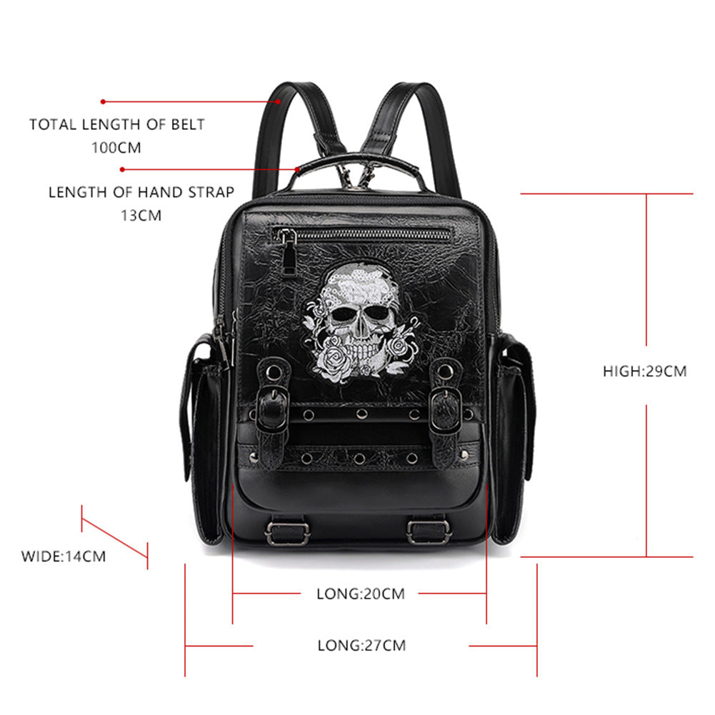 Women's Fashion Gothic Large Capacity Skull Head Embroidered Shoulder Backpack Multiple Use Bag