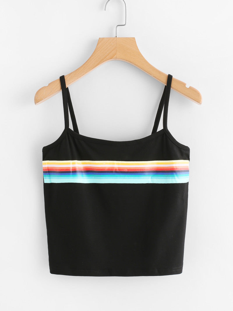 Wide Horizontal Striped Spaghetti Strap Crop Tank Top