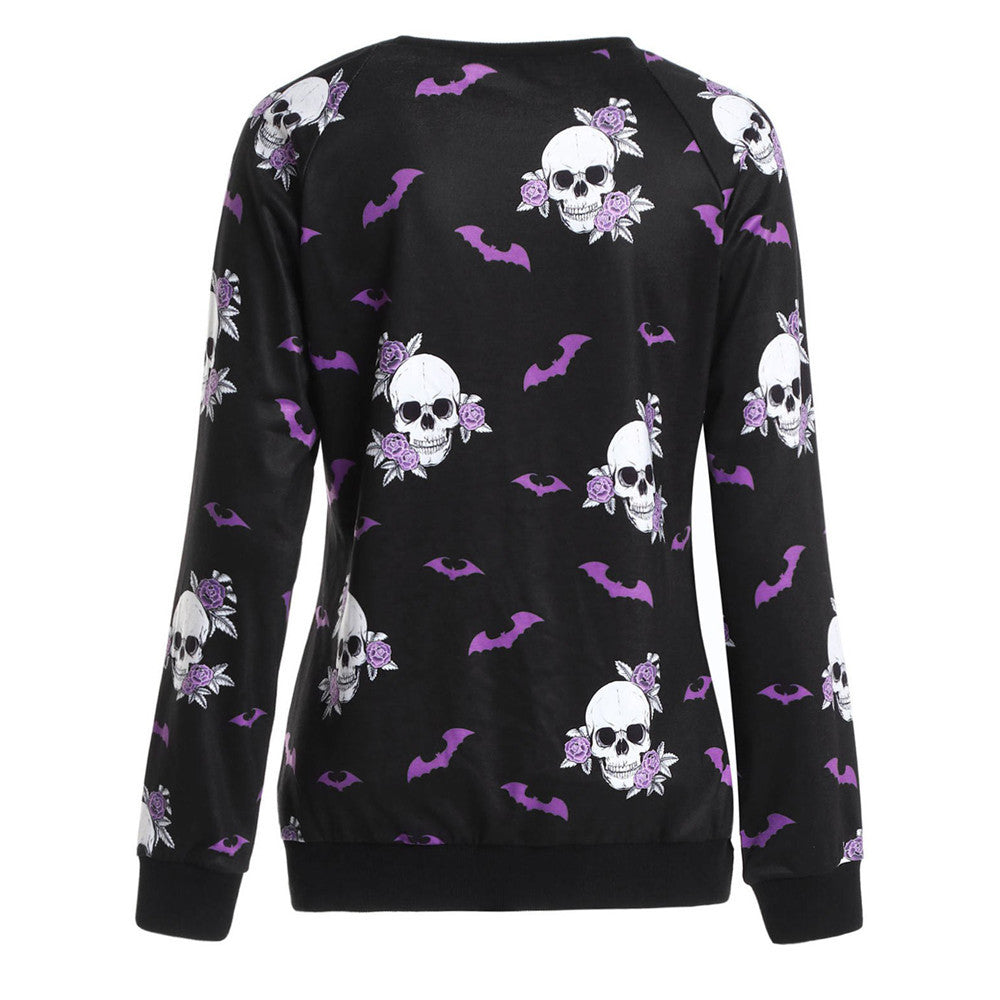 Purple Bats and Skulls All Over Print Long Sleeved Graphic Print Sweatshirt