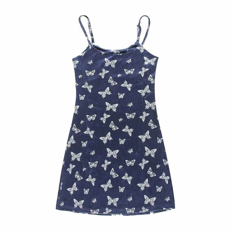 Street Girl Butterfly Print Retro Velvet Slim Suspender Dress Skirt