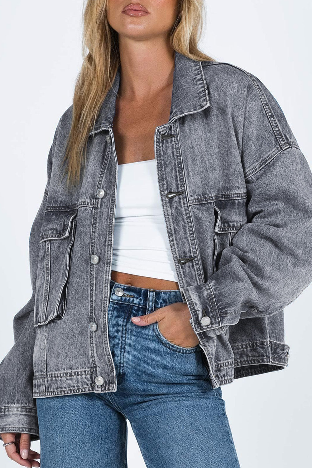 Blue Chest Pockets Drop Shoulder Loose Denim Jacket